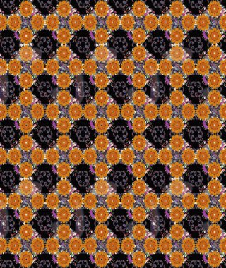 Raster illüstrasyonu. Çiçek desenli çizim. Raster illüstrasyonu. Asya tekstil tarzında. Turuncu renkte çiçekler.