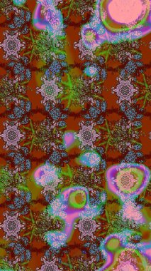 Parlak çiçekli renkler üzerine soyut çizim deseni. Çiçeksel elementlerle süslenmiş zarif raster dokusu. Küçük çiçekte şirin bir çiçek deseni var..