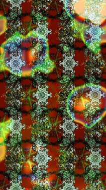 Bir sürü yeşil, kahverengi ve kırmızı soyut çiçekli tropik eskiz deseni. Küçük çiçekteki sevimli çiçek deseni. Varicologreen, kahverengi ve kırmızı raster çizimi.