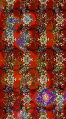 Raster illüstrasyonu. Çiçek buketleriyle klasik bir eskiz şekli. Kahverengi ve kırmızı renklerde.