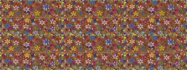 Çiçekli, suluboya desenli kusursuz çiçek deseni. Kahverengi ve kırmızı renkte çiçekler. Renkli Bahar Temalı Kusursuz Arkaplan. Düz Çiçek Elementleri Tasarımı. Raster illüstrasyonu.