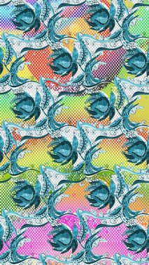 Çiçekli süslemeli el deseni. Raster illüstrasyonu. Mavi, nötr ve gri renkte çiçekler.