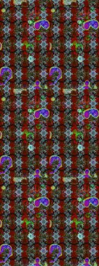 Çiçeksel elementlerle süslenmiş zarif raster dokusu. Parlak çiçekli kırmızı ve kahverengi renkler üzerine soyut çizim deseni. Küçük çiçekte şirin bir çiçek deseni var..