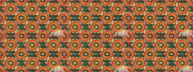 Raster illüstrasyonu. Süslü dekorasyon. Damask altın soyut çiçek turuncu renklerde pürüzsüz desen.