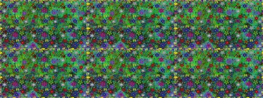 Ağaç dallı bahar çiçekli desen, çiçek siluetiyle yeşil ve mavi renkler. Raster deseni.