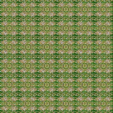 Geleneksel oryantasyon süsü. Yeşil, kahverengi ve bej renklerde altın elementlerle kusursuz desen. Klasik klasik klasik arka plan. Kusursuz klasik raster altın desenli.