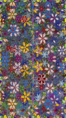 Raster illüstrasyonu. Şirin çiçekli kusursuz desen ve mavi renkli yapraklar, suluboya çiçek deseni, duvar kağıdı, kart veya kumaş için fayanslı.