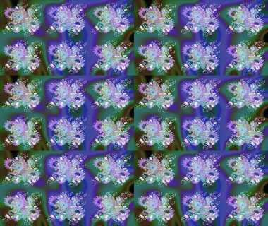 Mavi renkler ve parlak çiçekler üzerine soyut çizim deseni. Çiçeksel elementlerle süslenmiş zarif raster dokusu. Küçük çiçekte şirin bir çiçek deseni var..