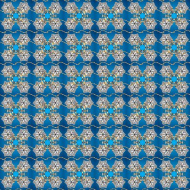 Kusursuz kraliyet lüksü, altın barok kumaş rengi. Altın antika ortaçağ dekoratifi, yapraklar ve altın desenli gri, beyaz ve mavi renkte süslemelerle pürüzsüz bir desen..