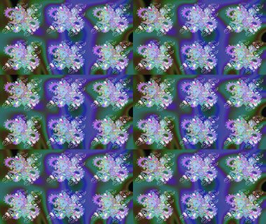 Mavi renkler ve parlak çiçekler üzerine soyut çizim deseni. Çiçeksel elementlerle süslenmiş zarif raster dokusu. Küçük çiçekte şirin bir çiçek deseni var..