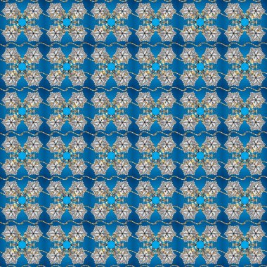 Kusursuz kraliyet lüksü, altın barok kumaş rengi. Altın antika ortaçağ dekoratifi, yapraklar ve altın desenli gri, beyaz ve mavi renkte süslemelerle pürüzsüz bir desen..