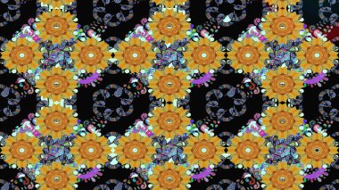 Siyah renkli bitkilerden oluşan parlak çiçekli çizim deseni.