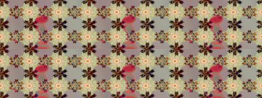 Suluboya elle çizilmiş çiçek desenli eskiz deseni. Parlak renkli fantezi çiçekleri, yapraklar, tarafsız renklerde tomurcuklar.