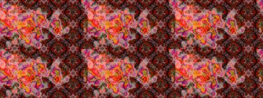 Küçük çiçekteki sevimli çiçek deseni. Raster illüstrasyonu. Pembe, kahverengi ve kırmızı renkte çiçekler.