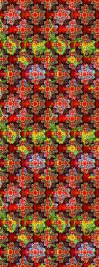 Raster - stok. Eskiz arkaplan modeli. Yapraklı çiçekler ve kırmızı ve siyah renkli papatya çiçekleri..