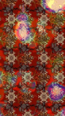 Çiçek desenli eskiz. Kahverengi ve kırmızı renkte çiçekler. Tişört baskısı için çiçek boyama rasteriName.