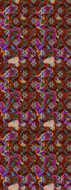 Çocuksu tasarım. Tekstil, kumaş, ambalaj, hatıra defteri için hoş bir çiçek arkaplanı. Kahverengi ve kırmızı arka planda. Elle çizilmiş karalama çiçekleri ile Raster çizim deseni.