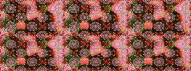 Raster deseni. Bahar çiçekleri dallı desen, kahverengi ve pembe renkler çiçekli siluet.