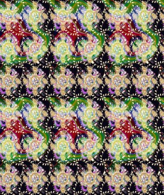 Raster Floral Illustration, Asyalı tekstil. Siyah renkli etnik çiçeklerle zarif eskiz deseni.