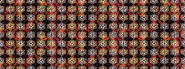 Tekstil için suluboya eskiz deseni. Şirin çiçekli, desenli, siyah renkli renkli bir eskiz. El çizimi çiçek çizimi deseni (fayans)).