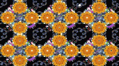 Eskiz geçmişi. Kumaş, tekstil, duvar kağıdı baskısı için. Raster illüstrasyonu. Miles Fleur, süslü püslü bir süs. Tomurcukları papatya çiçekleri olan sevimli bir çiçek deseni. Antika retro tarzı.