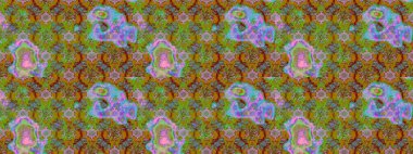 Şirin çiçekli, desenli, yeşil, kahverengi ve mavi renklerde renkli çizimler. Tekstil için suluboya eskiz deseni. El çizimi çiçek çizimi deseni (fayans)).