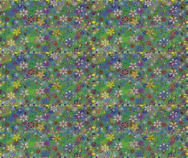 Çok yeşil ve mavi zarif küçük çiçekler ve yeşil ve mavi renkli komik böcekler, raster desen, illüstrasyon.