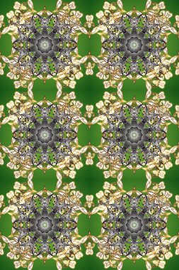 Klasik raster şablonu. Yeşil, gri, bej ve altın desenli. Tekrarlayan ögelerle kusursuz soyut arkaplan.