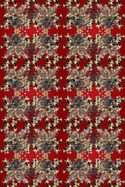 Raster illüstrasyonu. Altın elementli kırmızı, kahverengi ve gri renklerde klasik, pürüzsüz desen.
