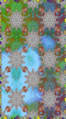 Tebrik kartı geçmişi, boyama kitabı, arkaplan ve tekstil için kullanılabilir. Kusursuz süs izi. Etnik Mandala havlusu. Raster Henna tarzı. Sınır Hindistan çiçek desenli paisley patentli.