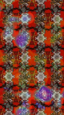 Kahverengi, kırmızı ve gri kahverengi, kırmızı ve gri. 1950-1960 motifleri. Çiçekli ipek eşarp. Retro tekstil tasarım koleksiyonu. El çizimi çiçek elementleri ile soyut çizim raster deseni.