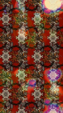 Eskiz geçmişi. Raster illüstrasyonu. Renkli desenli eskiz deseni, kahverengi, kırmızı ve bej çiçekler ve dekoratif elementler. Eski usul. Kumaş, tekstil ve duvar kağıdı baskısı için..