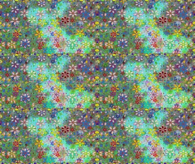 Kusursuz bir geçmişi var. Eski usul. Renkli desenli kusursuz desen, yeşil ve mavi çiçekler ve dekoratif elementler. Kumaş, tekstil, duvar kağıdı baskısı için. Raster illüstrasyonu.