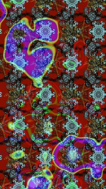 Çiçeksel elementlerle süslenmiş zarif raster dokusu. Parlak çiçekli kırmızı ve kahverengi renkler üzerine soyut çizim deseni. Küçük çiçekte şirin bir çiçek deseni var..