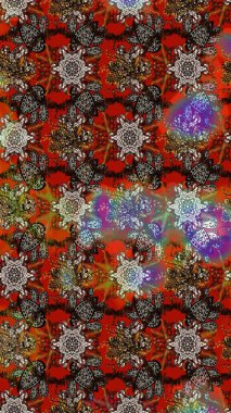 Kahverengi ve kırmızı renklerde. Çizim kalıbı. Raster illüstrasyonu. Renkli süs kenarı. Çiçek duvar kağıdı. Hint süsü..