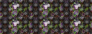 Raster illüstrasyonu. Çiçek desenli çizim. Gri renkli Asya tekstili.