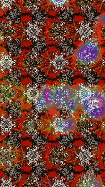 Kahverengi ve kırmızı renklerde. Çizim kalıbı. Raster illüstrasyonu. Renkli süs kenarı. Çiçek duvar kağıdı. Hint süsü..