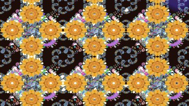 Tekstil için suluboya eskiz deseni. El çizimi çiçek çizimi deseni (fayans). Şirin çiçekli, desenli, sarı renkli çizim deseni.