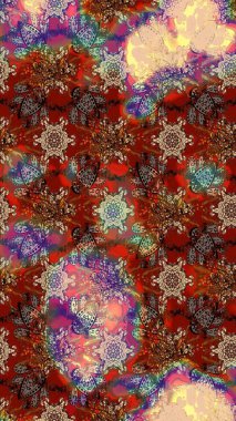 Raster illüstrasyonu. Kahverengi, kırmızı ve bej renklere karalamalar çizilmiş çiçek deseni.