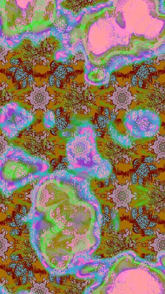 Raster geleneksel halk çiçekleri demeti yeşil, pembe ve kahverengi renkli tekstil tasarımları için. Üzerinde gelincikler ve vadi zambakları olan renkli çiçek desenli nakış..