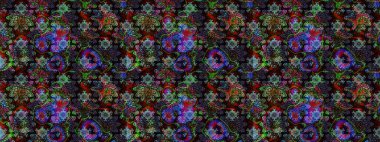 Raster illüstrasyonu. Chichi 'nin kumaş kalıbını çiz. Çiçek deseni. Düz Çiçek Elementleri Tasarımı. Renkli Bahar Teması çizim şablonu.