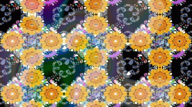 Düz Çiçek Elementleri Tasarımı. Raster illüstrasyonundaki çiçek desenli çizim. Sarı renkli çiçekler. Renkli Bahar Teması çizim şablonu.