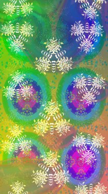 Yeşil renkli bitkilerden oluşan parlak çiçekli çizim deseni.