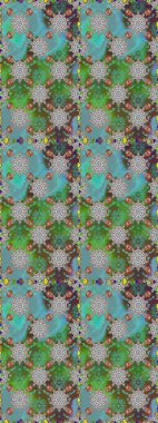 El çizimi çiçekli, pürüzsüz bir desen. Yeşil ve mavi arka planda. Tekstil, kumaş, ambalaj, hatıra defteri için hoş bir çiçek arkaplanı. Çocuksu tasarım.