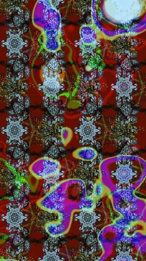 Raster illüstrasyonu. Raster illüstrasyonu. Asya tekstil tarzında. Kırmızı ve kahverengi renkte çiçekler. Çiçek desenini çiz.