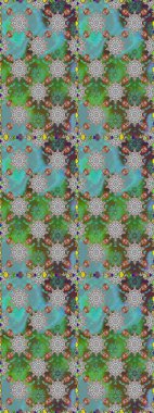 El çizimi çiçekli, pürüzsüz bir desen. Yeşil ve mavi arka planda. Tekstil, kumaş, ambalaj, hatıra defteri için hoş bir çiçek arkaplanı. Çocuksu tasarım.