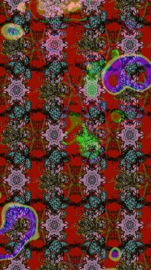 Renkli çizim kalıbı. Çiçek arkaplan. Raster illüstrasyonu. Kırmızı, kahverengi ve gri renkli şirin tekstil tarzında. Çiçek duvar kağıdı.