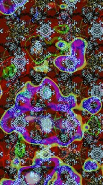 Çiçeksel çizim kalıbının yansıması. Vadinin çiçekleri kırmızı, kahverengi ve mavi renklerde.