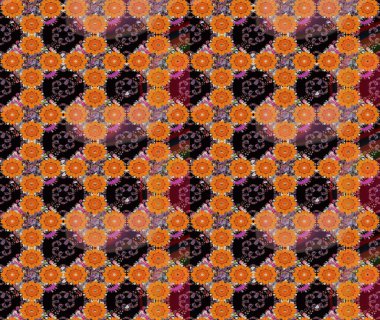 Turuncu ve siyah renklerde etnik çiçeklerle kusursuz bir desen. Asya Tekstil 'inde Raster Çiçek İllüstrasyonu.