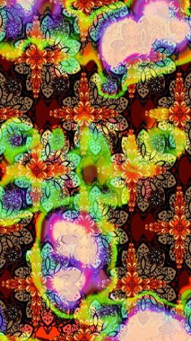 3D çiçekler, eskiz. Raster illüstrasyonu. Yeşil ve kahverengi renklerde.